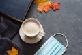 Cup of coffee, book, mask. Autumn second wave of coronavirus infection, stay at home concept Royalty Free Stock Photo