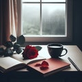 Cup of coffee, a book, and a red rose in front of a window, ambient rainy day nature background, generative ai Royalty Free Stock Photo