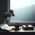 A cup of coffee, a book, and a red rose in front of a window, ambient rainy day nature view, generative ai Royalty Free Stock Photo