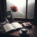 A cup of coffee, a book and a red rose in front of a window, rainy day morning view, ambient nature, generative ai Royalty Free Stock Photo