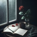 A cup of coffee, a book, and a red rose beside a window on a rainy day, ambient nature raindrops, generative ai Royalty Free Stock Photo