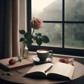 Cup of coffee with a book and rose flower on table near a window with raindrops, beige nature, generative ai