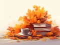 Cup Of Coffee And Books With Orange Leaves Royalty Free Stock Photo