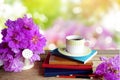 Cup of coffee, books, pencils and purple spring flower over nature background Royalty Free Stock Photo