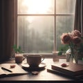Cup of coffee, books, and roses with a window with raindrops on the background, ambient nature, generative ai