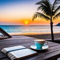 a cup of coffee and books on a wooden table on a sunset terrace overlooking the Royalty Free Stock Photo