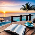 a cup of coffee and books on a wooden table on a sunset terrace overlooking the Royalty Free Stock Photo