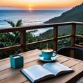 a cup of coffee and books on a wooden table on a sunset terrace overlooking the Royalty Free Stock Photo