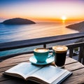 a cup of coffee and books on a wooden table on a sunset terrace overlooking the Royalty Free Stock Photo