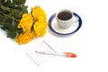 Cup of coffee, bouquet of yellow roses and notebook with the handle, the isolated image Royalty Free Stock Photo