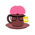 Cup of coffee with brains. Coffee shop for nerds sign. Brainstorming concept
