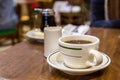 A cup of coffee on breakfast table in cafe