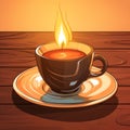 a cup of coffee with a burning candle on the table