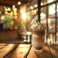 Cup of coffee, cafe latte and a piece of cake on the table in fashionable coffee shop, cafeteria