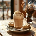 Cup of coffee, cafe latte and a piece of cake on the table in fashionable coffee shop, cafeteria