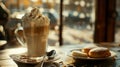 Cup of coffee, cafe latte and a piece of cake on the table in fashionable coffee shop, cafeteria