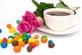 Cup of coffee, Candies and roses