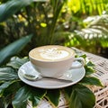 Cup of coffee or cappuccino under palm leaves. Tropical background. Summer vacation concept