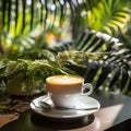 Cup of coffee or cappuccino under palm leaves. Tropical background. Summer vacation concept