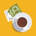 Cup with coffee, cash and coins, check. Money for service.