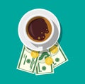 Cup with coffee, cash and coins