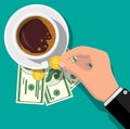 Cup with coffee, cash and coins