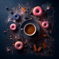 a cup with coffee in the center and donuts in pink and blue caramel glaze . view from above Royalty Free Stock Photo