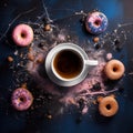 a cup with coffee in the center and donuts in pink and blue caramel glaze . view from above Royalty Free Stock Photo