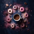 a cup with coffee in the center and donuts in pink and blue caramel glaze . view from above Royalty Free Stock Photo