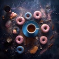 a cup with coffee in the center and donuts in pink and blue caramel glaze . view from above Royalty Free Stock Photo