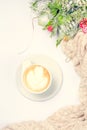 Cup of coffee or chai tea with latte art and Christmas decor. Le