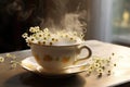 Cup of coffee with chamomile flowers on the table, A delicate teacup filled with steaming chamomile tea, AI Generated