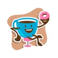Cup of coffee character holding a doughnut, in vector format, perfect for cafe