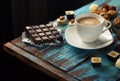 Cup of coffee with chocolate bar and variety of candy Royalty Free Stock Photo