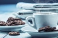 Cup of coffee , chocolate biscuits and the background newspaper. Royalty Free Stock Photo