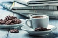 Cup of coffee , chocolate biscuits and the background newspaper. Royalty Free Stock Photo