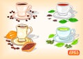 Cup of coffee, chocolate, black and green tea