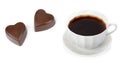 Cup of coffee and chocolate candies in the form of hearts isolated on white. Collage Royalty Free Stock Photo