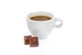 Cup of coffee and chocolate candies isolated on white Royalty Free Stock Photo