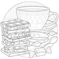 Cup of coffee with chocolate , candy and cookies.Coloring book antistress for children and adults