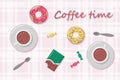 Cup of coffee, Chocolate, Candy and Donut. coffee time emblem. Flat cartoon  illustration Royalty Free Stock Photo