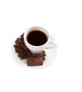 A cup of coffee, chocolate candy and seeds Royalty Free Stock Photo
