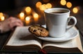 A cup of coffee with a chocolate chip cookie resting on an open book in a cozy Royalty Free Stock Photo