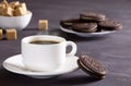 A cup of coffee and chocolate chip cookies. Breakfast with sweets and hot coffee Royalty Free Stock Photo