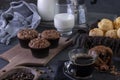 A cup of coffee, chocolate muffins, cheese breads and milk