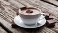 A cup of coffee with chocolate squares on top