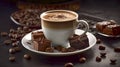 a cup of coffee with chocolates and coffee beans on a table surface, copy space, food photography