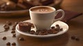 a cup of coffee with chocolates and coffee beans on a table surface, copy space, food photography