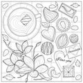 Cup of coffee, chocolates and flowers.Coloring book antistress for children and adults. Illustration isolated on white Royalty Free Stock Photo