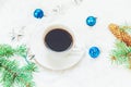 Cup of coffee on a christmas background. Christmas morning. Selective focus. Royalty Free Stock Photo